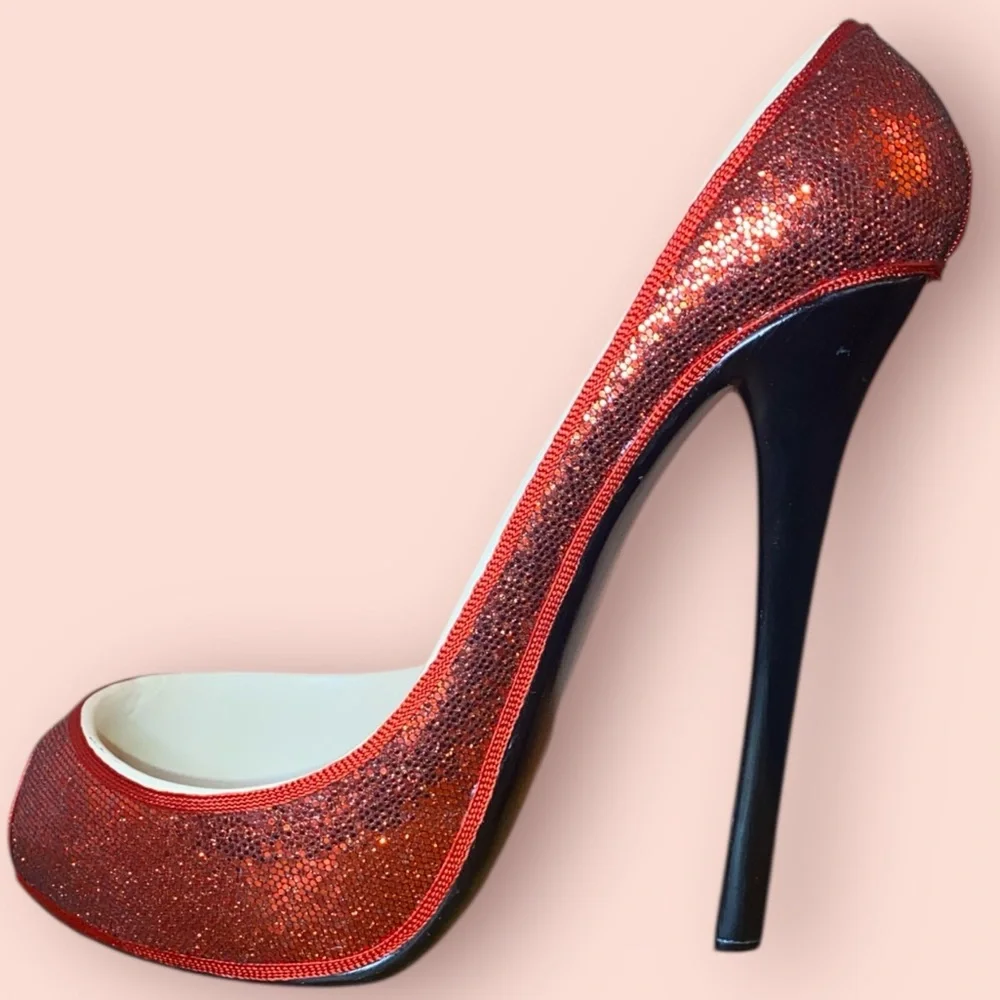WILD EYE DESIGNS 6” High Heel Stiletto Wine Bottle Holder Red Glitter & Black - Picture 3 of 6